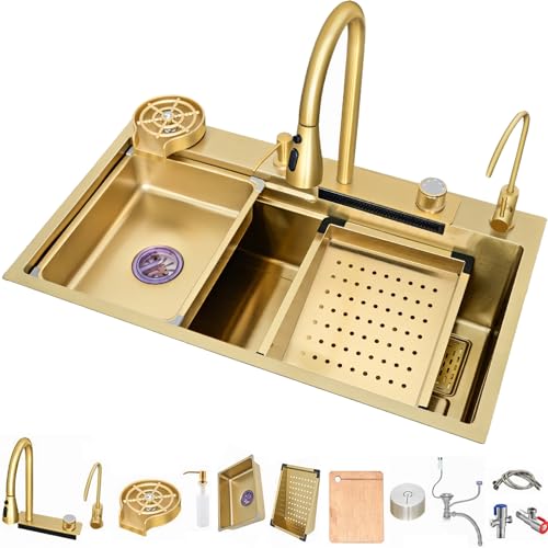 Küchenspüle Schwarz Edelstahl Spüle Neu Wasserfall Spüle Waschen Abfluss Schnitt 3 in 1 Home Utility Spüle mit Wasserhahn-Armaturen (Gold (Farbe), 80 * 45cm) von YINXSLO