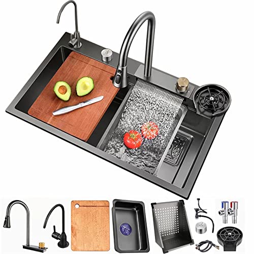 Küchenspüle Schwarz Edelstahl Spüle Neu Wasserfall Spüle Waschen Abfluss Schnitt 3 in 1 Home Utility Spüle mit Wasserhahn-Armaturen (Dunkelgrau, 80 * 45cm) von YINXSLO