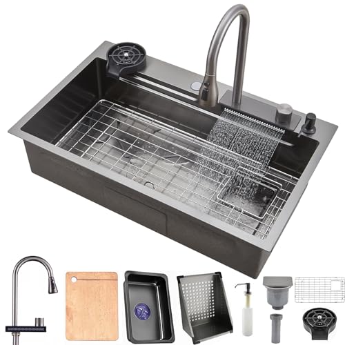 Küchenspüle Spülbecken Schwarz 1 Becken Einbauspüle Große Edelstahlspülen Neue modernisierte Wasserfallspülen Praktische mit Zubehör (66 * 50CM) von YINXSLO