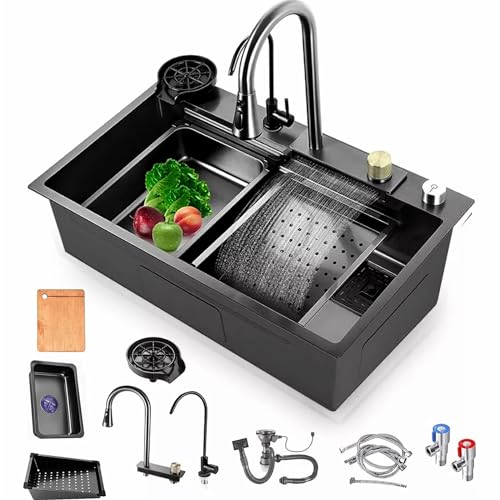 Spülbecken Multifunktions Wasserfall-Spüle, Praktische Spüle Einbauspüle, küchenspüle schwarz edelstahl mit armatur Geeignet für Bars, Balkone, Wohnungen, Küchen (Dunkelgrau,85 * 45 cm) von YINXSLO