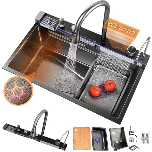 Spülbecken Spüle Schwarz Edelstahl Multifunktions Küchenspüle, Deluxe Smart Spüle 1 Becken Einbauspüle Mit Tassenwaschmaschine, Seifenspender und anderem kompletten Zubehör（Dunkelgrau, 80 * 45cm） von YINXSLO