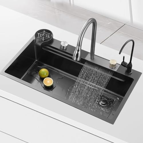 YINXSLO Küchenspüle Schwarze Edelstahlspüle Einbecken-Wasserfallspüle Praktische multifunktionale Spüle und Abtropffläche mit Mischbatterie （80 * 45cm） von YINXSLO