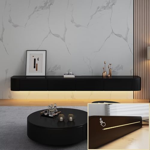 YINXSLO Moderner schwebender TV-Schrank Schwarz Tv Cabinet for Living Room mit Schublade zur Aufbewahrung Holz Tv Lowboard Hängend Geeignet für Wohnzimmer oder Schlafzimmer（Schwarz(mit LED)，140cm） von YINXSLO