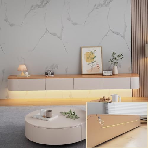 YINXSLO Moderner schwebender TV-Schrank Tv Cabinet for Living Room mit Schublade zur Aufbewahrung Holz Tv Lowboard Hängend Geeignet für Wohnzimmer oder Schlafzimmer（Holz+Weiß(mit LED)，220cm） von YINXSLO
