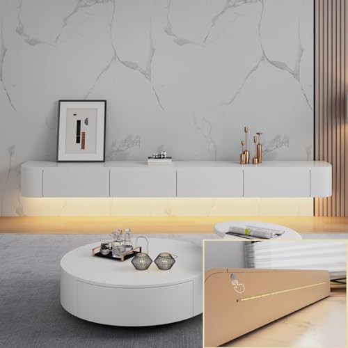 YINXSLO Moderner schwebender TV-Schrank Weiß Tv Cabinet for Living Room mit Schublade zur Aufbewahrung Holz Tv Lowboard Hängend Geeignet für Wohnzimmer oder Schlafzimmer（weiß(mit LED)，220cm） von YINXSLO