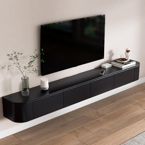 YINXSLO Schwebender TV-Schrank Massivholz Tv Sideboard Wohnzimmer mit Stauraum, Tv Lowboard Hängend für Wohn- und Schlafzimmer (Schwarz, 200 cm) von YINXSLO