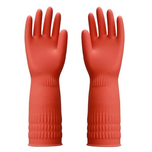 YIOIY Wiederverwendbare Haushaltshandschuhe, Gummi-Geschirrhandschuhe, extra dick, lange Ärmel, Küchenreinigung, Innen- und Außenreinigung (Rot, M) von YIOIY