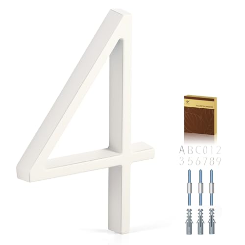 YIPLED Hausnummern für den Außenbereich, Metall-Adressnummer 4, modernes Design, wetterbeständig, weiße Kristall-Pulverbeschichtung, schmutzabweisend, kein Abblättern der Farbe (weiß) von YIPLED