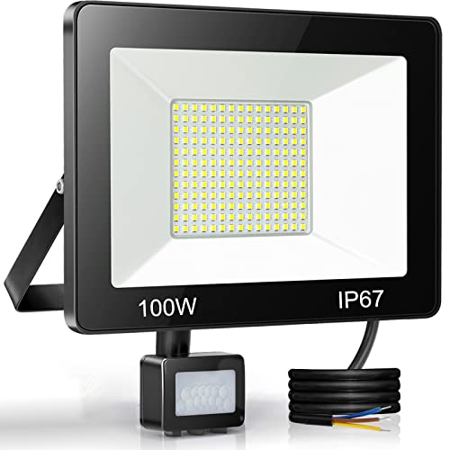 YIQIBRO 100W LED Strahler mit Bewegungsmelder Außen, IP67 Wasserdichte PIR Fluter Flutlicht, 10000LM 7000K Kaltweiß Superhell LED Scheinwerfer Aussenstrahler für Eingang Garten Garage Hof von YIQIBRO