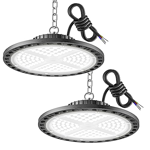 YIQIBRO LED Hallenstrahler Garagenbeleuchtung 100W 2 Stücke - 10000LM LED UFO Hallenbeleuchtung mit 11.8in Metallkette, Treiber, 6500K IP65 Werkstatt Deckenleuchte für Lagerhalle Fabriken von YIQIBRO