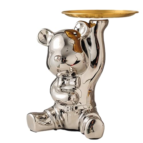 Schlüsselaufbewahrung, kleines Tablett aus Kunstharz, Eisbär-Skulptur mit Metalltablett, Tierfigur, Ornament, stehende Statue, Süßigkeiten-Schmuck-Organizer für Tisch, Schreibtischhalter, Dekoration ( von YIQIYOU