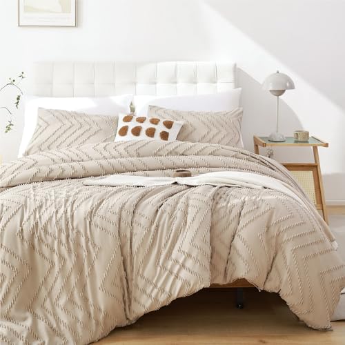 YIRDDEO Taupe Tröster Queen-Size-Größe, 3-teilig, Boho-Bettwäsche-Set, Queen-Size-Bett, Taupe, Bauernhaus-Bettwäsche-Set, vertikal, getuftet, leicht, neutrales Boho-Bettwäsche-Set (1 Steppdecke, 2 von YIRDDEO