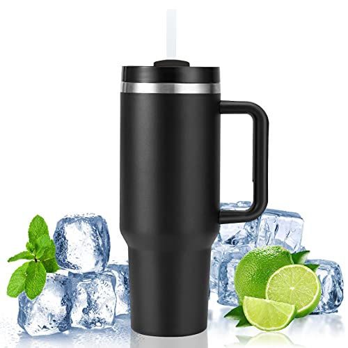 YIRUIEU 40oz Doppelwandiger Edelstahl Vakuum Isolierbecher Becher, Thermobecher mit Strohhalm und Henkel, IsolierterKaffee Reisebecher für Auto Zuhause Büro Camping Schwarz von YIRUIEU