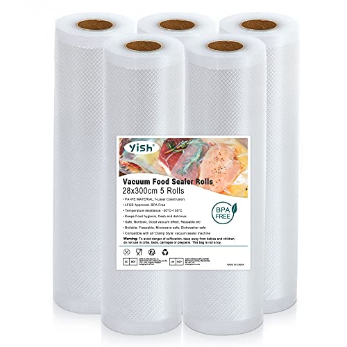 YISH Vakuumierbeutel Vakuumbeutel-Lebensmittel Vakumierfolienrollen Vakuumierfolie Vakumierbeutel：Vakuumrollen Folienrollen für Vakuumierer Sous Vide Beutel BPA Frei Vakuumrollen 5 Rolls 28x300cm von YISH