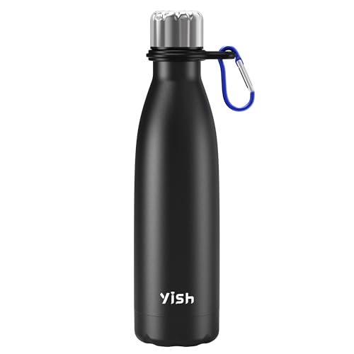 YISH Edelstahl Trinkflasche Thermosflasche Trinkflasche Edelstahl:Wasserflasche 500ml Trinkflasche Kohlensäure Geeignet mit Schnalle 10h Heiß/Kalt BPA Frei für Büro,Schule,Sport,Camping,Schwarz von YISH