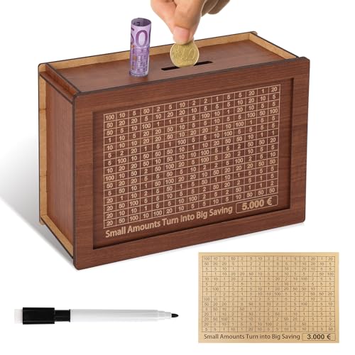 YISH Retro Sparbox 5000 Euro：Sparbox mit Sparziel und Zahlen Ankreuzen, Spardose mit Zahlen，Spardose mit Marker, Abnehmbare Wiederverwendbare Sparbox Mit 3000 Euro Folie von YISH