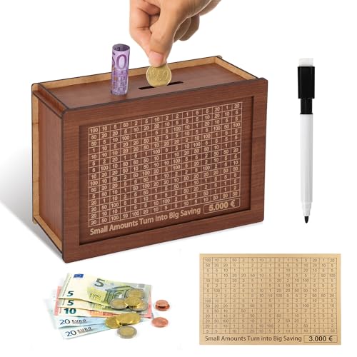 YISH Retro Spardose 5000 Euro：Abnehmbare Wiederverwendbare Sparbox mit Zahlen Ankreuzen und Sparziel, Spardose mit Marker, Sparbox mit 3000 Euro Folie von YISH