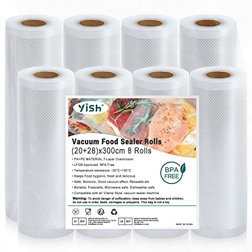 YISH Vakuumierbeutel Vakuumierfolie Vakuumbeutel Lebensmittel Vakumierfolienrollen：Vakuumbeutel für Sous Vide Folienrollen für Vakuumierer 8 Rollen 20/28x300cm Folien,BPA-Frei von YISH