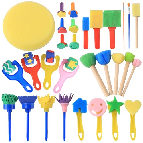 Kinder Malwerkzeuge Set, 30 Stücke Malerei Schwamm Pinselset, Schwammpunkt Pinsel, Kinder Schwammpinsel, Schaumstoffpinsel, Schwammpinsel Set für DIY-Kunsthandwerk-Zeichenwerkzeuge von YISKY