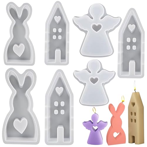 Ostern Silikonform, 7 Stück Silikonform Haus hase engle, 3D Osterhase Silikonform, Hase Silikon DIY Giessform Für Kerzen, Silikonform Haus mit Fenster, Ostern Kaninchen Silikonformen, Ostergeschenke von YISKY