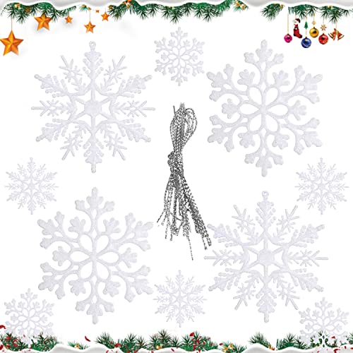 Weihnachten Schneeflocken, 24 Stück Glitter Schneeflocken,Christbaumschmuck Deko Plastik Aufhängen Weihnachtsbaum Hängende Ornamente Schneeflocke Weihnachtsdeko Fensterdeko von YISKY