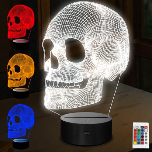 YISKY Totenkopf 3D Nachtlicht Kinder Nachttischlampe, Totenkopf Tischlampe mit Fernbedienung, 3D Totenkopf Lampe Fernbedienung, Touch Schädel 3D Lampe Illusion, für Kinder, Geschenk, Raumdekoration von YISKY