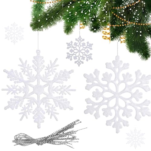 YISKY Weihnachten Schneeflocken, 36 Stück Glitter Schneeflocken Deko Plastik Aufhängen Weihnachtsbaum Hängende Ornamente Schneeflocke Weihnachtsbaumschmuck Weihnachtsdeko Fensterdeko von YISKY