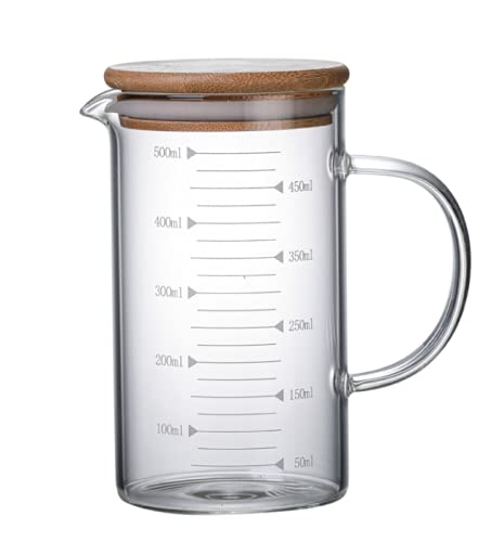 Messbecher, Temperaturbeständig Messkanne Mit Deckel,Transparent,Glas,für Mikrowelle mit Skala für Milch, Kaffee, heiße und kalte Wasserkrug, Küchenhelfer und Back Zubehör (500ml) von YISPIRIN