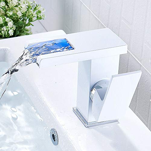 Wasserhahn LED RGB Wasserfall Waschtischarmatur Bad Armatur Waschbeckenarmatur Einhebelmischer Badarmatur mit 3 Farbewechsel Beleuchtung für Badezimmer (weiß) von YISSALE