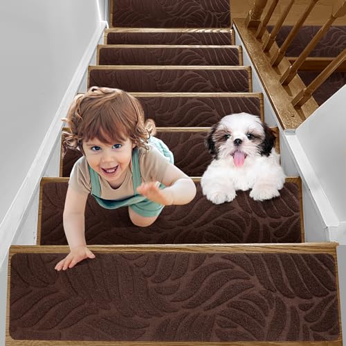 YISUN 15er Set Stufenmatten Anti-Rutsch Treppenstufen Matten, Rechteckig Treppenteppich Selbstklebend, Teppich Treppenstufen aussen innen Stufenteppich für Kinder, Ältere, Haustiere (Kaffeefarbe) von YISUN