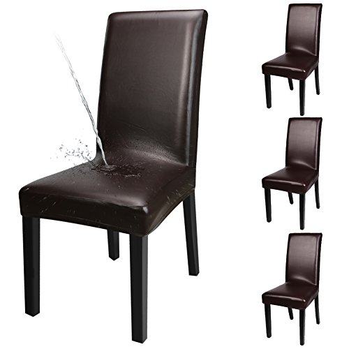 YISUN 4er/6er Set Esszimmer Stuhlhussen, solide Pu Leder wasserdichte Stretch Esszimmerstuhl Schutzhülle (4-Stück, Braun) von YISUN