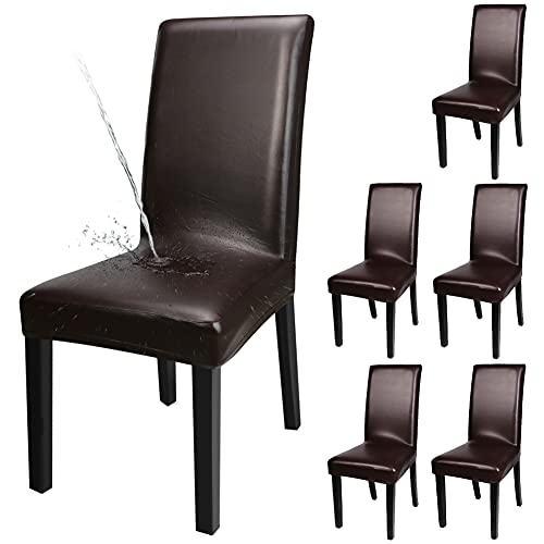 YISUN 4er/6er Set Esszimmer Stuhlhussen, solide Pu Leder wasserdichte Stretch Esszimmerstuhl Schutzhülle (6-Stück, Braun) von YISUN