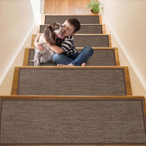YISUN Leinenimitat Treppenstufen Matten 15pcs, Abnehmbar und Waschbar Stufenmatten Selbstklebend Rückseite 65x20 cm, Stumm Antirutsch Treppenteppich für Treppe, Küche, Schlafzimmer, Ältere, Kinder von YISUN