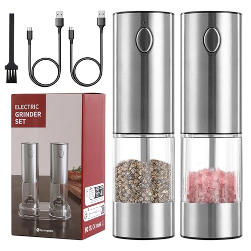 YISUN Salz und Pfeffermühle Elektrisch 2er Set Edelstahl Pfeffermühle Elektrische 95 ml Elektrische Salz und Pfeffermühle Set Wiederaufladbarer mit Base, Gewürzmühle Elektrisch Einstellbarer Grobheit von YISUN