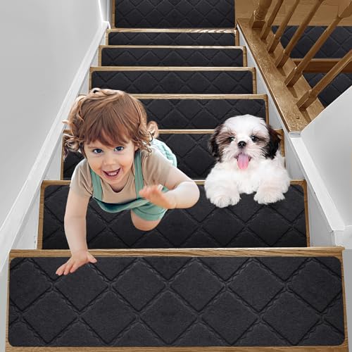 YISUN Stufenmatten 15 Stück, Anti-Rutsch Treppenstufen Matten, Treppenteppich selbstklebend Rechteckig, Teppich Treppenstufen aussen Innenbereich für Kinder Ältere und Hunde, 20 * 65 cm (Schwarz) von YISUN