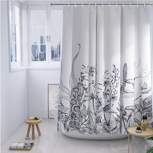 YISURE Duschvorhänge Blumen Pflanzen Schwarz 180x200, Natur floraler Duschvorhang badewanne Textil waschbar für Badzimmer, Breite 180 x Höhe 200cm von YISURE