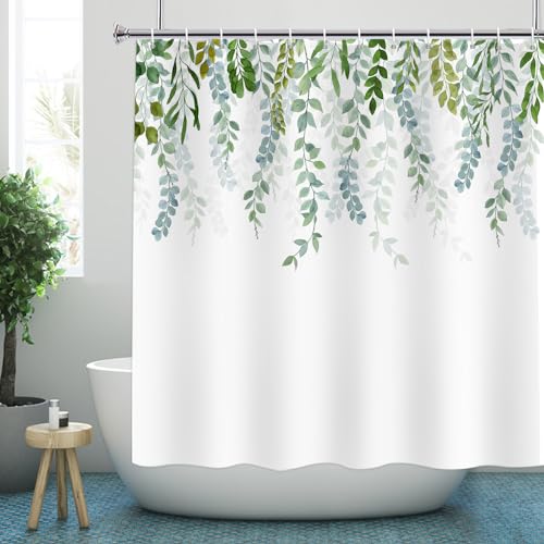 YISURE Duschvorhang Grüne Blätter Eukalyptus, Natur Landschaft Plants Duschvorhänge badewanne Stoff waschbar mit duschvorhang Gewichte, Breite 180 x Höhe 180cm von YISURE