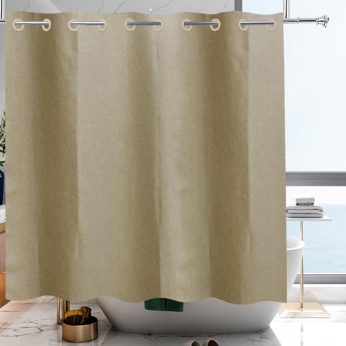 YISURE Duschvorhang Hakenloser Taupe, Leinenoptik Badevorhang Textil Stoff Schwerlastbereich wasserabweisend, Breite 200 x Höhe 200cm von YISURE