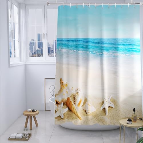 YISURE Duschvorhang Maritim Meer Strand, Ozean Welle Seesterne Muscheln Badevorhang badewanne Textil Schimmelresistent waschbar mit 12 Metallösen, Breite 180 x Höhe 180cm von YISURE