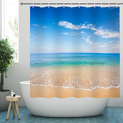 YISURE Duschvorhang Ozean Strand Meer 180x180, blau Welle Seesterne Duschvorhänge badewanne Textil Polyestergewebe Schimmelresistent mit 12 Metallösen, Breite 180 x Höhe 180cm von YISURE