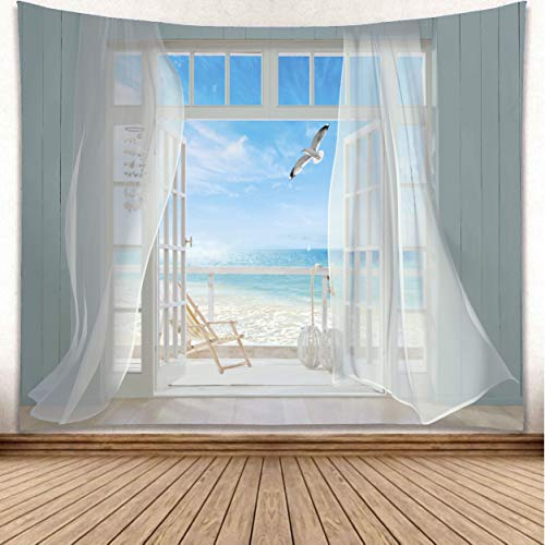 YISURE Ozean Wandteppich, Meer Strand Natur Wandteppich, Möwe Fenster Wandbehang für Schlafzimmer Wohnzimmer, 200x150cm von YISURE