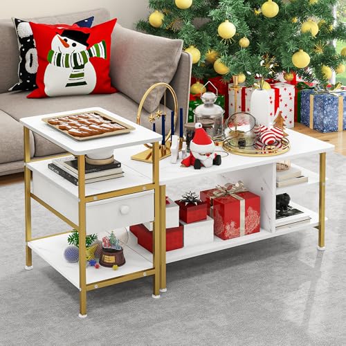 YITAHOME 2PCS Verstellbarer Couchtisch, Moderne Industrielle Couchtische für das Wohnzimmer mit Abnehmbarem Beistelltisch, Schublade, Offenen Regalen, Metallrahmen und Holztischplatte, Weißer Marmor YITAHOME 2PCS Verstellbarer Couchtisch, Moderne Industrielle Couchtische für das Wohnzimmer mit Abnehmbarem Beistelltisch, Schublade, Offenen Regalen, Metallrahmen und Holztischplatte, Weißer Marmor von YITAHOME