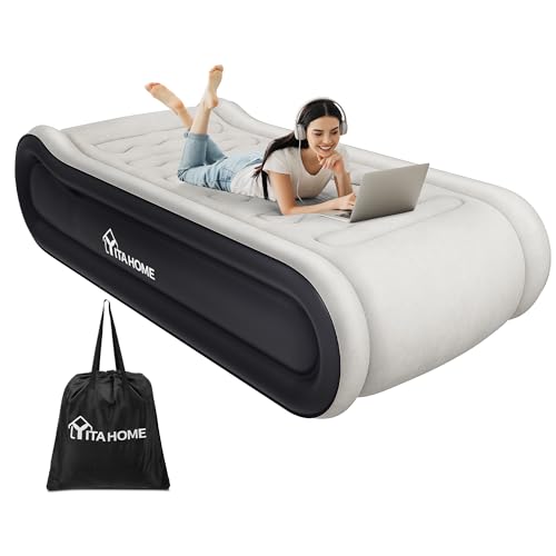 YITAHOME 2x1m Deluxe Luftmatratze Selbstaufblasend, Luftbett mit Integriertem Kissen & Eingebauter Elektrischer Pumpe, Aufblasbare Matratze mit Transporttasche für Gäste, Heimgebrauch, Grau & Schwarz von YITAHOME
