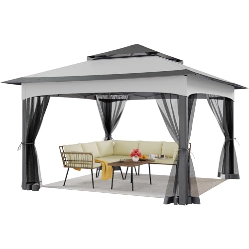 YITAHOME 3,3 m x 3,3 m Pop-Up-Pavillon mit Netzseiten, 3-stufig Höhenverstellbares Doppeldach-Marquee-Pavillon mit Aufbewahrungstasche für Garten, Hinterhof, Terrasse, Außenbereich und Grill (Grau) von YITAHOME