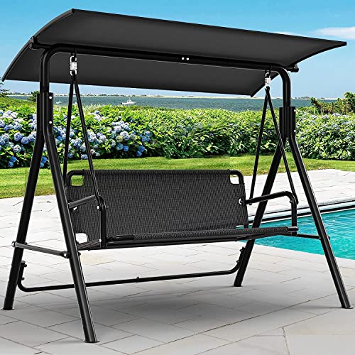 YITAHOME 3 Sitzer Hollywoodschaukel, Metall Outdoor Hollywoodschaukeln mit Liegefunktion, Gartenschaukel mit Verstellbarem Sonnendach für Erwachsene, 270KG Belastbar, 170 x 110 x 153cm, Schwarz von YITAHOME