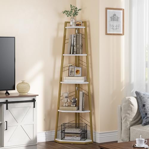 YITAHOME 5-stöckiges Eck-Bücherregal, industrielles Eck-Bücherregal, modernes freistehendes Eck-Bücherregal, Leiter-Bücherregal, offenes Holzregal für Wohnzimmer, Diele, Home Office, Golden von YITAHOME