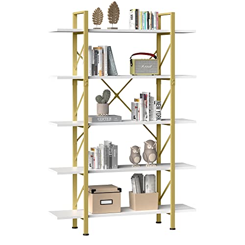 YITAHOME Bücherregal mit 5 Etagen, 120x30x180cm, Moderne Offene Bücherregale, Bücherregal weiß für Büro, Wohnzimmer, Schlafzimmer, Golden und Weiß von YITAHOME