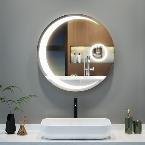 YITAHOME 600 mm Runder Badezimmerspiegel mit Viertelmondlichtern, Badezimmerspiegel, wandmontierter Kosmetikspiegel mit Antibeschlag-Pad, dimmbar, Touch-Schalter, 3 Farben, IP56 von YITAHOME