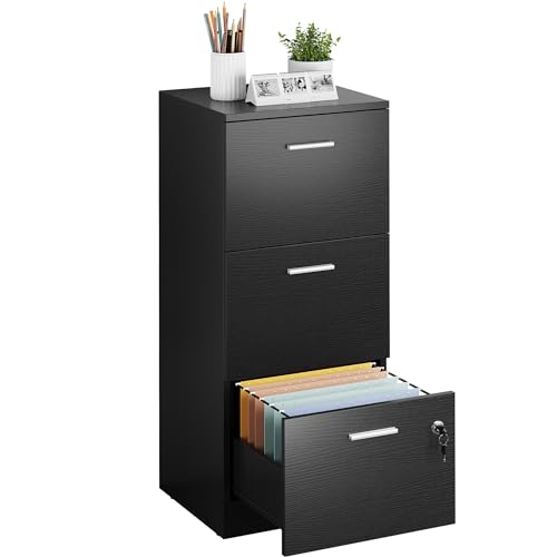 YITAHOME Aktenschrank mit 3 Schubladen, Büroschrank Abschließbar,101 cm Vertikaler Aktenschrank für Aktenordner in A4-Größe, Schubladenschrank für Zuhause und Büro (schwarz) von YITAHOME