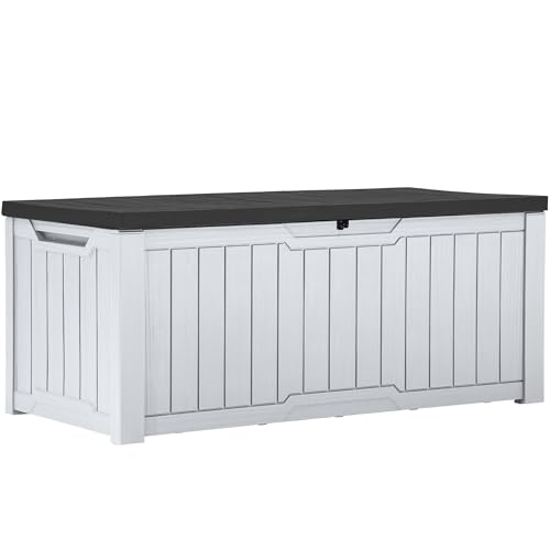 YITAHOME Außenspeicherbox 120-Gallonen-wasserdichte Deckbox für Gartengeräte Terrassenkissen Swimmingpool-Zubehör verschließbar einfach zusammenzubauen vielseitiger Sitzbank oder Tisch,Schwarz + Weiß von YITAHOME